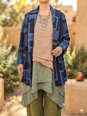 Vintage ZOE Abstract Knit Cardigan Medium Blue Made In Canada Lagenlook Artsy